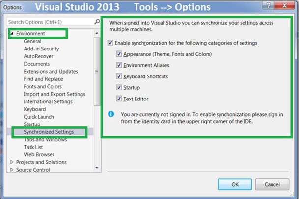 Visual Studio 2013 Synchronized Settings